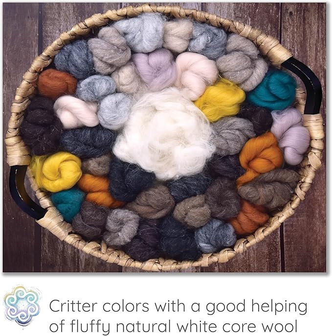100% Wool - Assorted Wool Roving for Needle Felting, Wet Felting, Felt Painting, Spinning and Blending - Critter Colors
