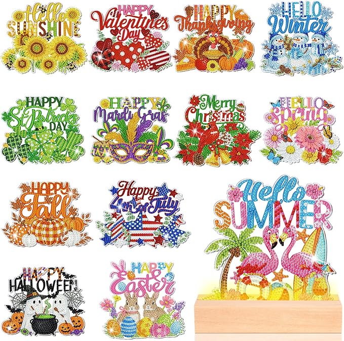 Chunful 13 Pcs Interchangeable Seasonal Diamond Art Tabletop Holiday Diamond Art Painting Kit with Wooden Light Base for Table Tiered Tray Home Office Tabletop Centerpiece Decor(Holiday)