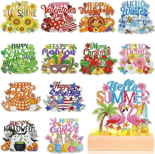 Chunful 13 Pcs Interchangeable Seasonal Diamond Art Tabletop Holiday Diamond Art Painting Kit with Wooden Light Base for Table Tiered Tray Home Office Tabletop Centerpiece Decor(Holiday)