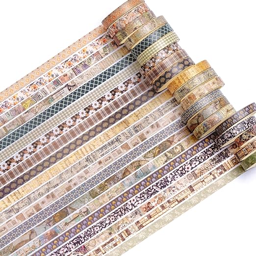 20 Rolls Skinny Vintage Washi Tape Set Retro Arts Adhesive Tapes Basic Patterns Decorative Masking Tape Sets for Craft, Kids, Scrapbook, DIY, Gift Wrapping (Elegance in Time)