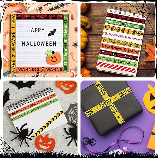 12 Rolls Halloween Washi Tapes, 15 mm Wide Halloween Zombie Caution Creepy Scary Hazard Warning Paper Tape, Horror Decorative Tapes for Scrapbooks, Journals, Haunted House Party Supplies
