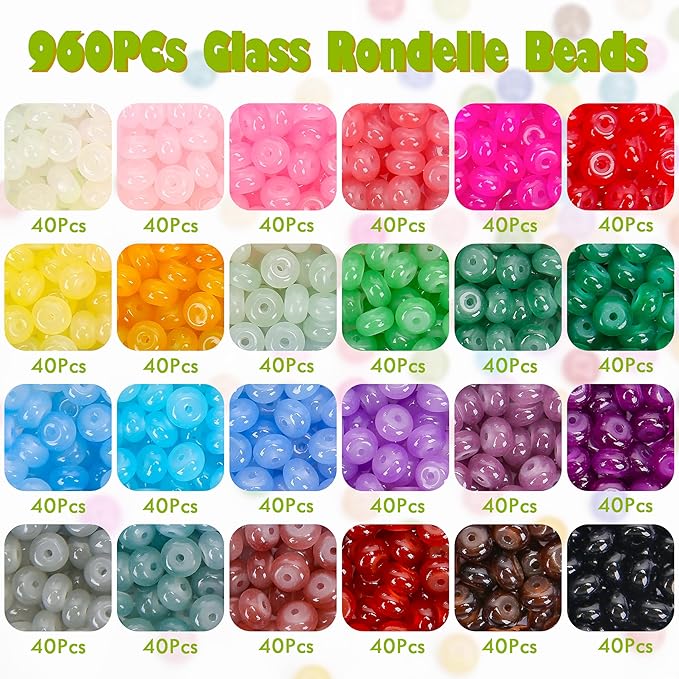 BONNY BOXX Abacus Glass Beads for Jewelry Making, 960pcs 5x8mm Rondelle Spacer Beads in 24 Colors, Crystal Gemstone Beads for Bracelet, Necklace, DIY Crafts