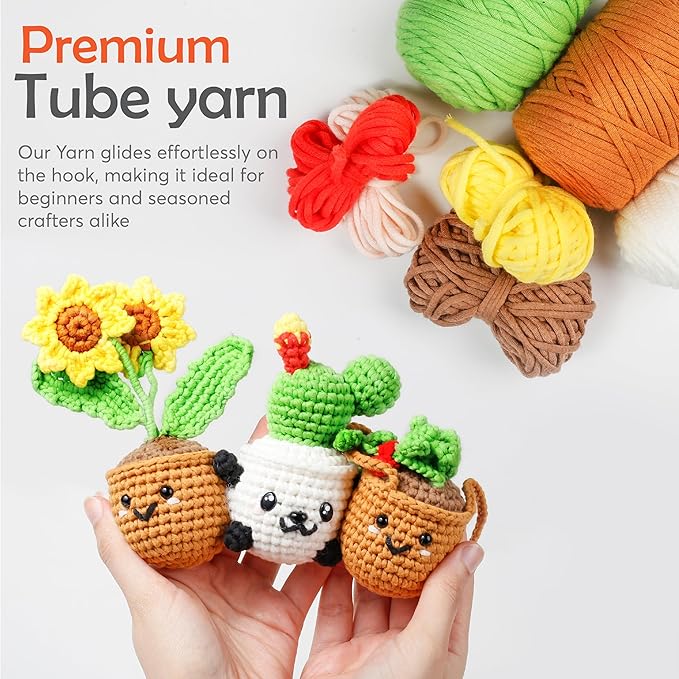 A-URA 3-in-1 Learn to Crochet Kit for Beginners Kids and Adults, Premium Pattern Sunflower, Panda Cactus, Hanging Pot Plant Beginner Crochet Kits with Easy Tube Yarn & Step-by-Step Video Tutorials