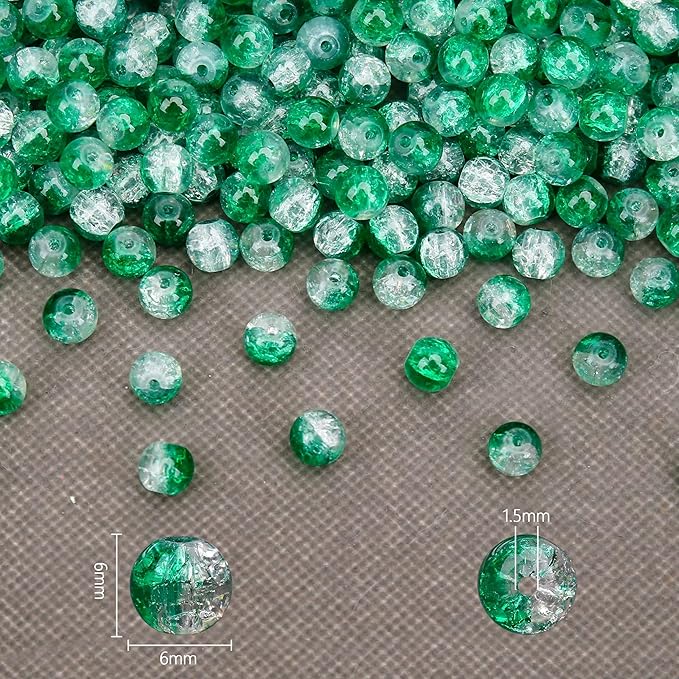 300PCs 6mm Green Crackle Glass Beads Bulk, Round Smooth Hole Glass Crystal Beads for Jewelry Making, DIY Bracelets, Necklaces, Bag Charms, Keychains and Craft Projects