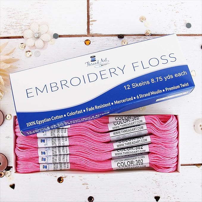 12 Skeins ThreadArt Premium Egyptian Long Fiber Cotton Embroidery Floss | Pink | 6 Strand Divisible Thread 8.75yds Each for Hand Embroidery, Friendship Bracelets, Cross Stitch and Crafts