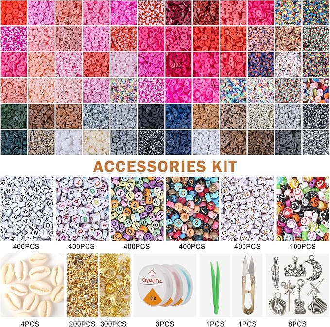 XSEINO 46000Pcs Clay Beads - 216Colors 10Boxes Clay Beads, 5 Styles Letter Beads,with Rich Making Accessories and 3 Rolls Crystal Cord,for Crafts