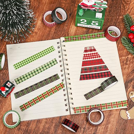 Whaline 12 Rolls Christmas Washi Tape Buffalo Plaid Pattern Red Black Green Xmas Holiday Masking Tape for Scrapbook Journal DIY Craft Gift Wrapping