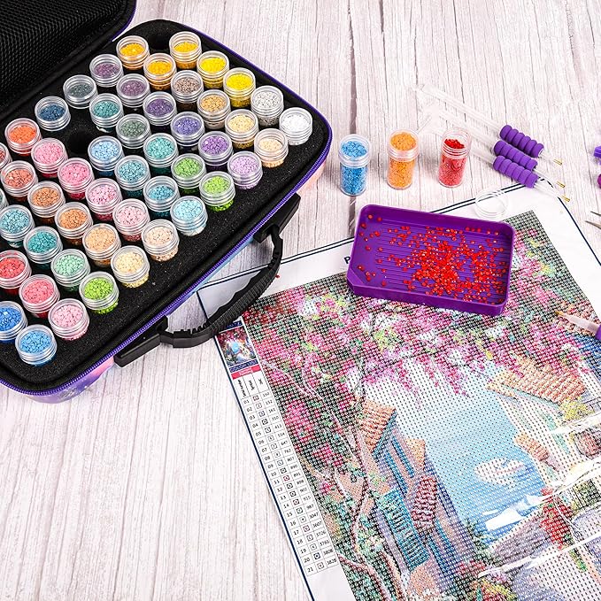 60 Slots Diamond Painting Storage Container, Diamond Art Kits for Adults Stackable Bead Organizer with Carrying Handle, Craft Storage Box with Accessories (Celestial Journey-60 Slots)