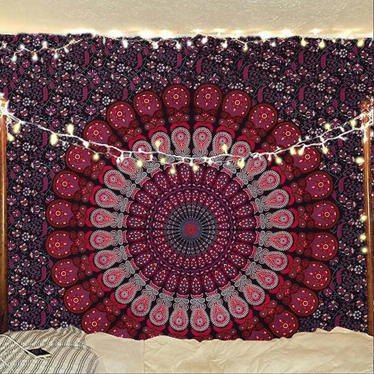 bless international handmade indian hippie bohemian psychedelic peacock mandala wall hanging college dorm beach throws table cloth bedding tapestry (purple pink, twin(54x72inches)(140x185cms))