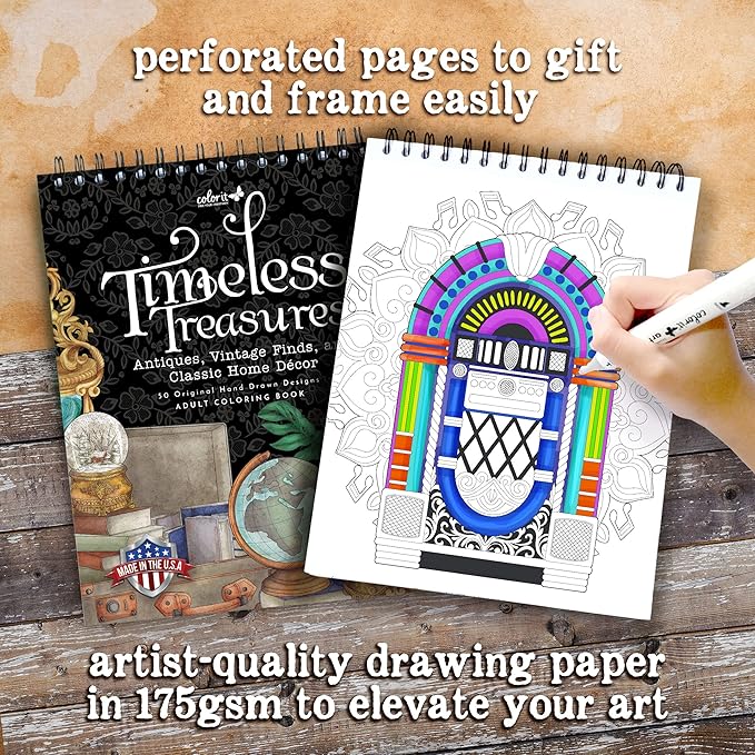 ColorIt Timeless Treasures: Antiques, Vintage Finds, and Classic Home Decor Adult Coloring Book, 50 Original Drawings, Spiral Binding, USA Printed, Lay Flat Hardback Book Cover, Ink Blotter Paper