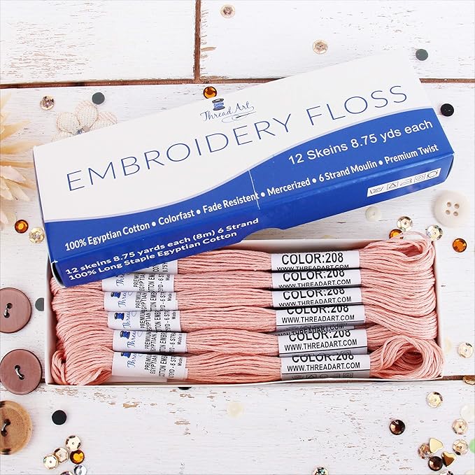 12 Skeins ThreadArt Premium Egyptian Long Fiber Cotton Embroidery Floss | Light Peach | 6 Strand Divisible Thread 8.75yds Each for Hand Embroidery, Friendship Bracelets, Cross Stitch and Crafts