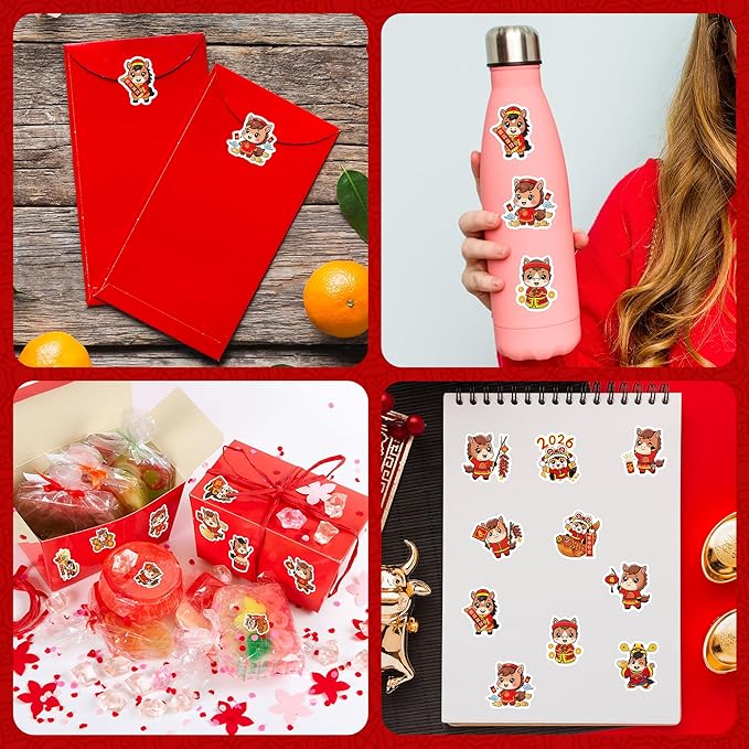 beyumi chinese new year stickers - 1000pcs spring festival 2026 year of the horse cute stickers in 2 rolls waterproof vinyl lunar nye celebration decals for candy gift party favor laptop bottle decor