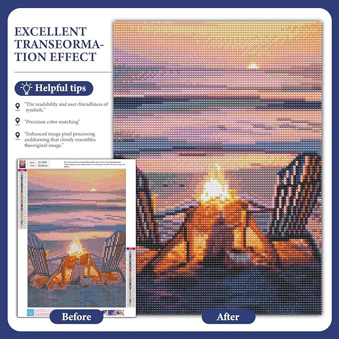 Fountor Sunset Diamond Art Kits for Adults, Beach Landscape Diamond Painting Kit for Adults Beginners, 5D DIY Campfire Diamond Painting with Round Gem Art Kits for Home Wall Decor 12x16 Inch
