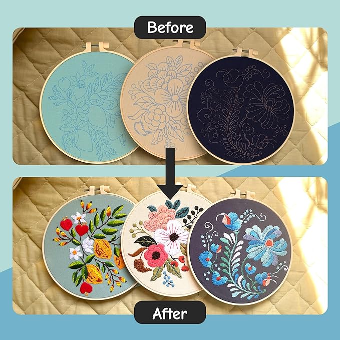 Colorful Flowers Embroidery Kit for Beginners – DIY Hand Embroidery Set with 3 Hoops, Stamped Patterns, Needles, Thread, Scissors – Floral Embroidery Kit for Adults, Teens, Women, Craft Lovers