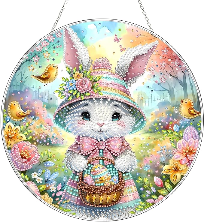 DIY Hanging Diamond Art Kit for Adults, 5D Acrylic Gem Art Window & Wall Pendant, Diamond Painting Ornament for Home Decor (Easter Bunny)