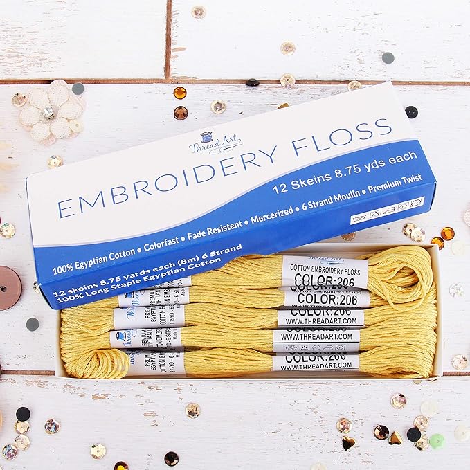 12 Skeins ThreadArt Premium Egyptian Long Fiber Cotton Embroidery Floss | Yellow | 6 Strand Divisible Thread 8.75yds Each for Hand Embroidery, Friendship Bracelets, Cross Stitch and Crafts