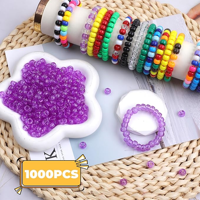 Plastic Pony Beads, 1000 Pcs, 6x9mm, for Bracelet, Hair Braiding, Friendship Bracelets, Jewelry Making (Purple Glitter)