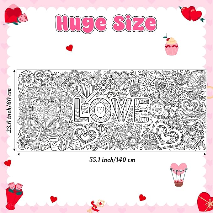 dvbonike jumbo love mandala coloring poster - valentine’s day heart flower diy drawing color-in paper blank art banner 55.1 x 23.6 inch wall decor, home classroom activity for kids party supplies
