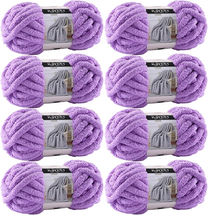 Chunky Chenille Yarn for Hand Knitting 8 Jumbo Pack Jumbo Chunky Yarn for Hand Soft Blanket Knitting, Bulky Thick Fluffy Yarn for Crocheting (Purple)