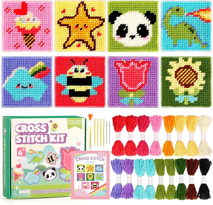 Caydo 8-in-1 Cross Stitch Kit for Beginners Kids, Includes 8 PCS Plastic Canvas with Pre-Patterns, 13 Colors Threads, Instructions, Embroidery Needles for Sewing and Coaster Needlepoint