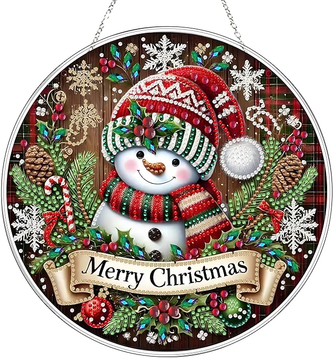 JJFox DIY Acrylic Diamond Art Painting Wreath Kits Special Shaped Rhinestone Diamond Art Window Pendants Home Garden Wall Hanging Kits Hanging Ornament (Merry Christmas Snowman)