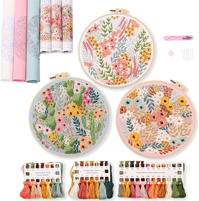 reewisly 3 pcs embroidery starter kit with patterns and instructions, diy adult cross stitch kits beginner, including 3 plastic embroidery rings, 1 scissors, colored threads and needles