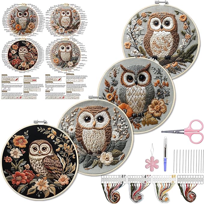 wkalxj 4 sets owl embroidery kit - 8.2" hoops, embroidery kit for beginners to advanced, cross stitch kits, needlepoint kits with instruction, video, needle point kits (advanced owl set)