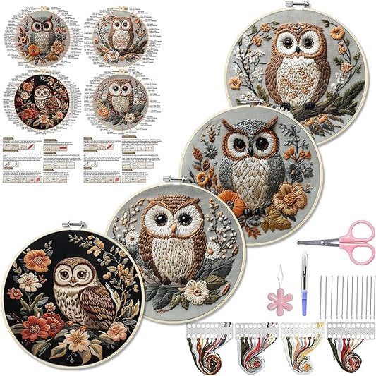 wkalxj 4 sets owl embroidery kit - 8.2" hoops, embroidery kit for beginners to advanced, cross stitch kits, needlepoint kits with instruction, video, needle point kits (advanced owl set)