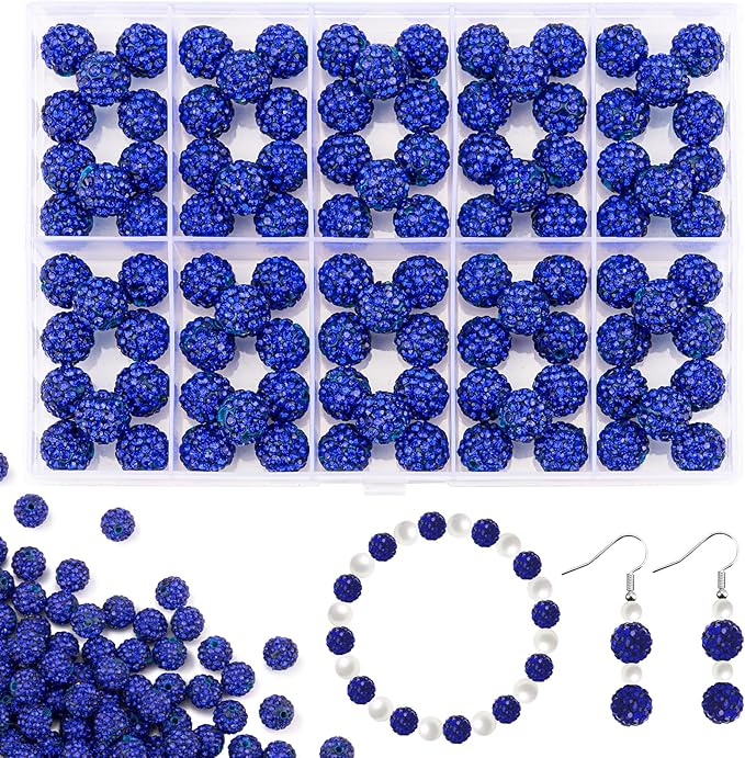 100Pcs 10mm Dark Blue Rhinestone Beads for Jewelry Making, Shiny Round Disco Ball Sparkly Crystal Clay Beads Bulk with 10-Grid Storage Box for DIY Baseball Necklaces Shamballa Bracelets