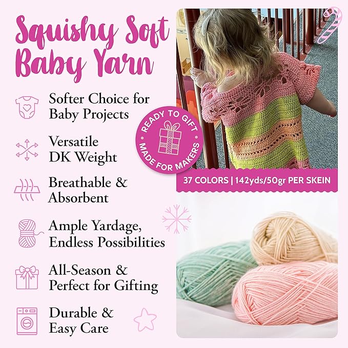 Cotton to The Core Cotton Yarn for Crocheting, 12-Pack (1704 Yds / 600G), Free Patterns, Beginners Friendly - Soft Baby Yarn for Knitting - 3 DK Light Worsted Weight - Jewel Pack