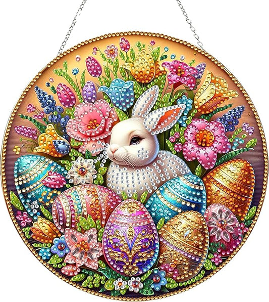 JJFox Rabbit Easter Egg Diamond Art Hanging Kit for Adult,Special Shaped Rhinestone,DIY Acrylic 5D Diamond Art Painting Window Pendants Home Garden Wall Hanging Kits Hanging Ornament,Double Sided
