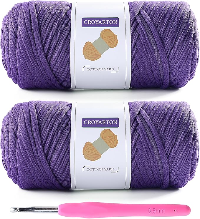 2 Pack T Shirt Yarn for Crocheting with 1 Crochet Hook, Elastic Tshirt Yarn for Crochet Bag/Baskets/Home Decor, Spaghetti Yarn Thick Knitting Yarn Total Length 130 Yds, Weight 14 Oz (Purple)