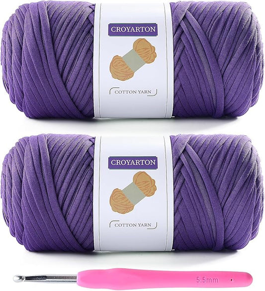 2 Pack T Shirt Yarn for Crocheting with 1 Crochet Hook, Elastic Tshirt Yarn for Crochet Bag/Baskets/Home Decor, Spaghetti Yarn Thick Knitting Yarn Total Length 130 Yds, Weight 14 Oz (Purple)