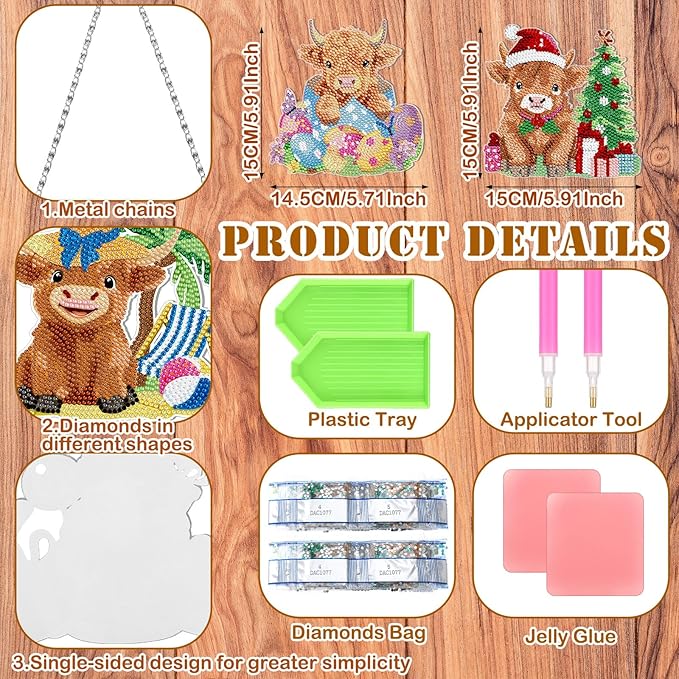 Cinnvoice 12 Pcs Seasonal Diamond Art Wreath Kits Holiday 5d DIY Diamond Art Hanging Signs Winter Spring Ornaments for Wall Door Decoration(Cow)