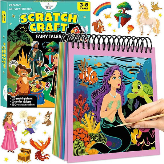 Scratch Craft for Kids – 30 Magical Fairy Tales Scratch-Off Pictures & 130+ Stickers – Craft Kits, DIY Supplies – Arts & Crafts Gifts for Boys & Girls Ages 3, 4, 5, 6, 7, 8