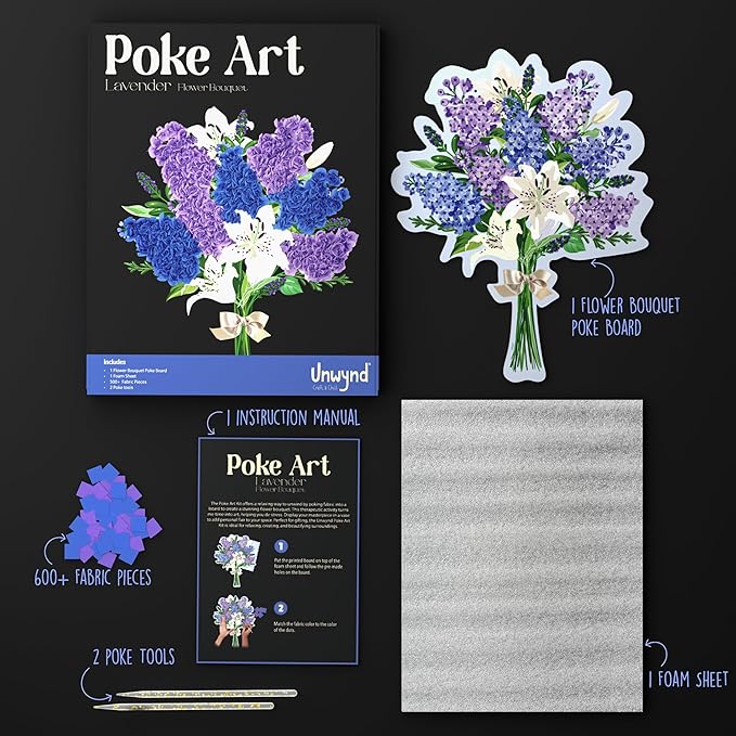 Unwynd Poke Art Lavender Flower Bouquet, Mess-Free Arts and Crafts for Adults, Teen Craft Kits, Gifts for Women and Men
