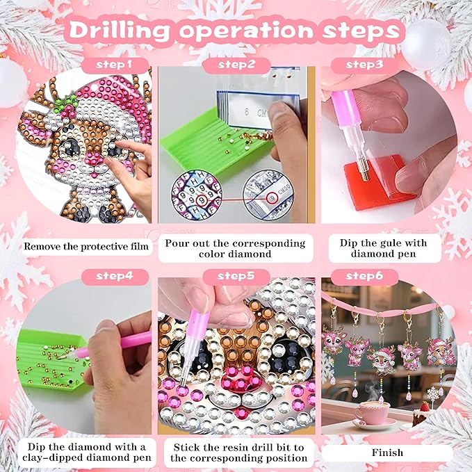 JeCuiK 6 Pcs Diamond Painting Wind Chimes Pink Deer Diamond Art Christmas Ornament Kits Suncatcher 5D DIY Diamond Art Kits for Adults Holiday Xmas Best Gifts