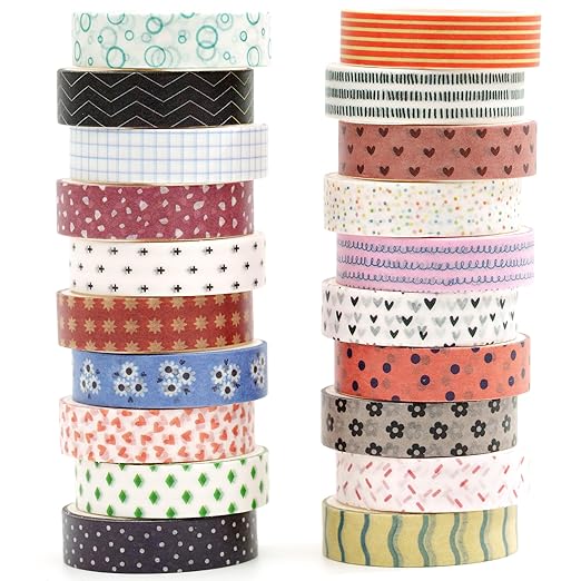 YUBBAEX 20 Rolls Basic Patterns Washi Tape Set Skinny Masking Creative Decorative Tapes, Designer's Selection (Collection 1-Vibrancy)