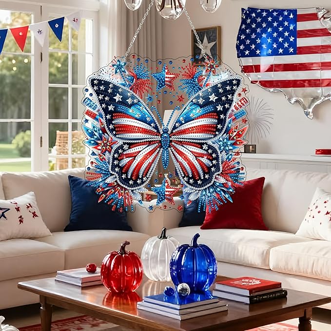 DIY Diamond Art Painting Wreath Kits，Special Shaped Rhinestone Hanging Ornament Diamond Art Window Pendants for Gift Home Garden Wall Hanging Kits,Double Sided (4th of July-Butterfly)