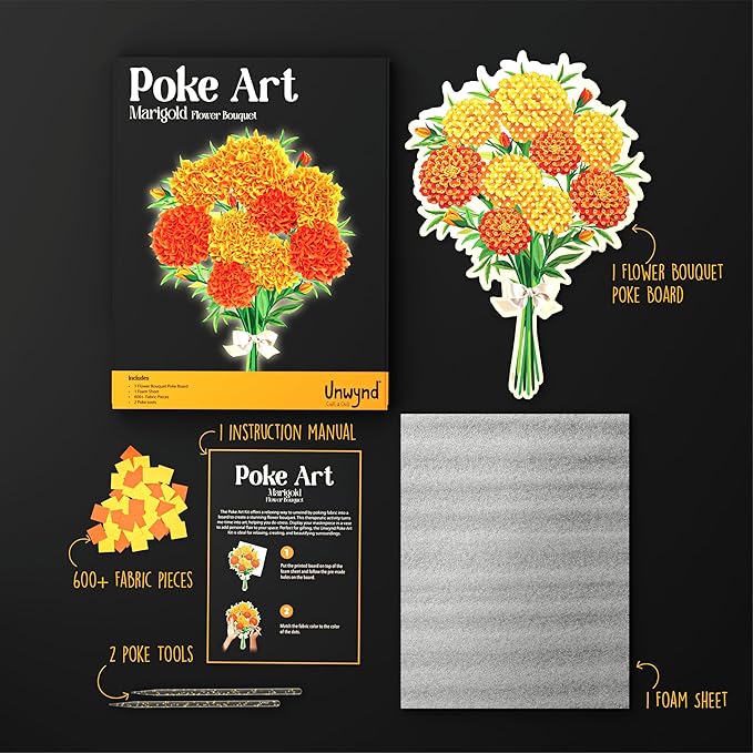 Unwynd Poke Art Marigold Flower Bouquet, Mess-Free Arts and Crafts for Adults, Teen Craft Kits, Thoughtful Easter Gifts for Women and Men