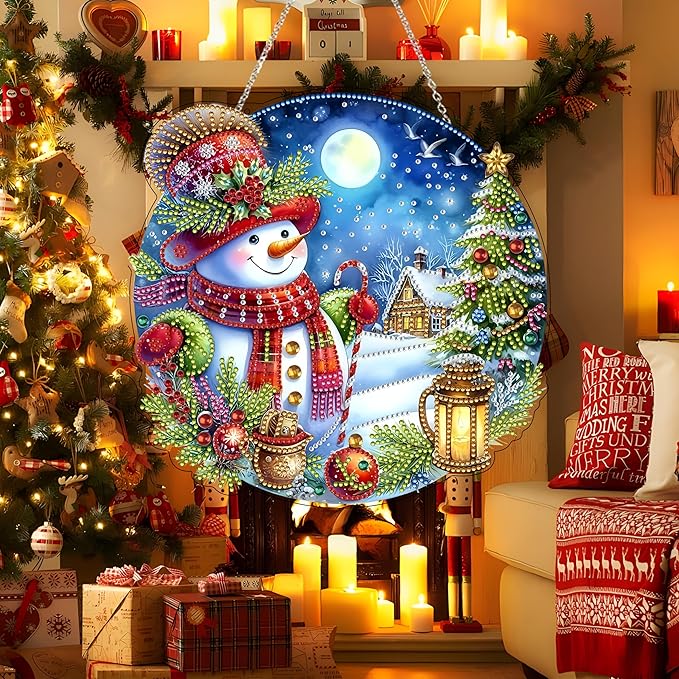 DIY Acrylic Diamond Art Painting Wreath Kits Special Shaped Rhinestone 5D Diamond Art Window Pendants Home Garden Wall Hanging Kits Hanging Ornament (Christmas Snowman-2)
