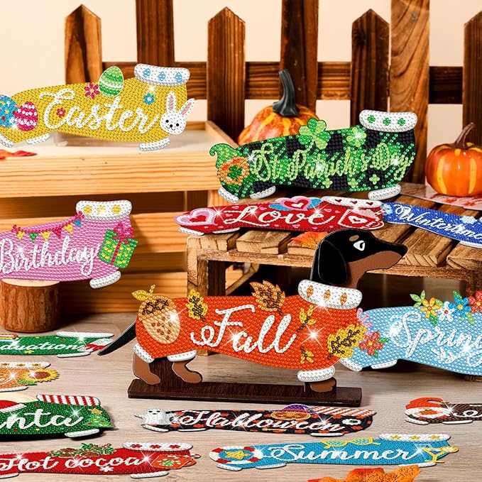 Briwooody 17 Pcs Interchangeable Seasonal Diamond Art Set for Adults Wooden Dachshund Diamond Painting Calendar 2026 Centrepieces for Holiday Spring 4th of July Summer Table Decor Accessories