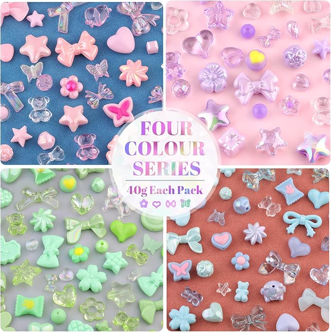 210-270PCS TINKRSTUFF Assorted Acrylic Beads, 4 Colors Series Cute Beads for Bracelet Making, Bow Flower GummyBear Kawaii Charms, Aesthetic Bead for Necklace Keychain Jewelry Making DIY Phone Charm