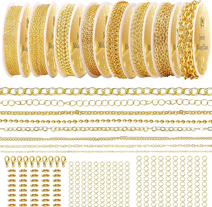PP OPOUNT Gold Necklace Chains for Jewelry Making, 62.3 Feet 8 Rolls Chain for Jewelry Making DIY Necklace Bracelet Belt Earrings with Open Jump Rings & Lobster Clasps