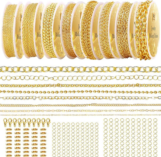 PP OPOUNT Gold Necklace Chains for Jewelry Making, 62.3 Feet 8 Rolls Chain for Jewelry Making DIY Necklace Bracelet Belt Earrings with Open Jump Rings & Lobster Clasps