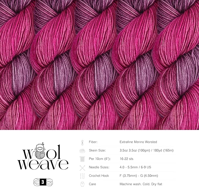 Superwash Merino Wool Yarn for Knitting & Crocheting - Hand Dyed Pink & Purple Variegated Yarn, 100gr, 240 Yards, Dk Weight - Luxurious, Soft & Durable