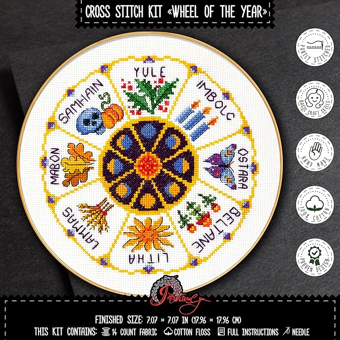 Povitrulya Counted Cross Stitch Kit Wheel of The Year - DIY Hand Embroidery Set, Pagan Celtic Wiccan Calendar, Pattern with Witchy Design for Adults, Norse Home Decor, Halloween Seasonal Gift