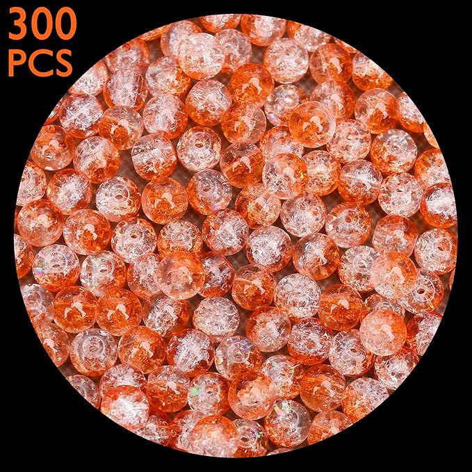 300PCs 6mm Orange Crackle Glass Beads Bulk, Round Smooth Hole Glass Crystal Beads for Jewelry Making, DIY Bracelets, Necklaces, Bag Charms, Keychains and Craft Projects