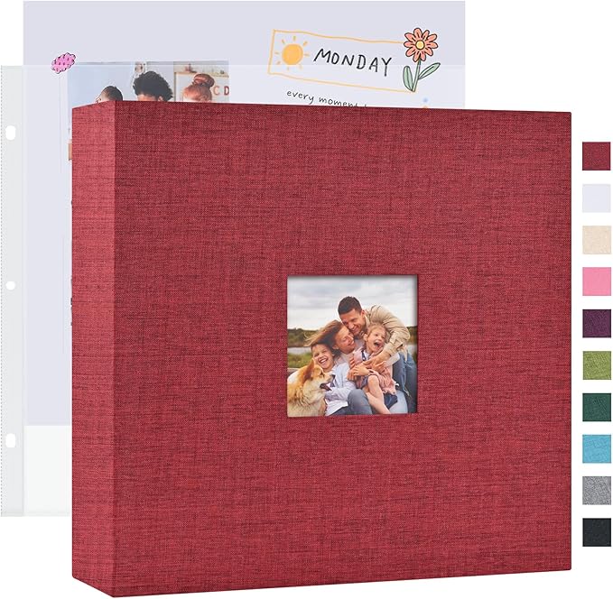 Mublalbum 12x12 Inch DIY Scrapbook Photo Album with 40 Plastic Sleeves 80 Pages Linen Cover 3 Ring Folder Binder for Wedding Baby Family and DIY Projects (Red)