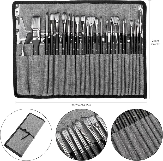 25PCS H&B Paint Brush Set, Travel Watercolor Acrylic Painting Brushes with Canvas Roll & Palette Knife, Professional Artist Brush Kit for Oil, Acrylic Canvas Paintings(Black)